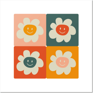 Positive checkered pattern with smiley retro hippie flowers Posters and Art